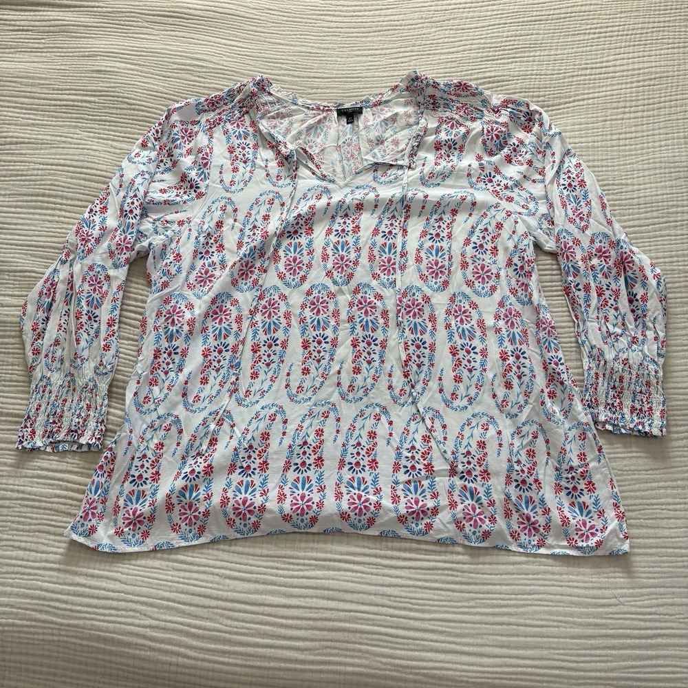 Talbots TIE NECK SMOCKED TOP Dotted paisley women's Plus Size 2X White Lagenlook